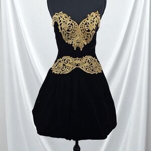 VTG‎ Scott McClintock Dress Woman 4 Black Velvet Bubble Hem Gold Lace Strapless